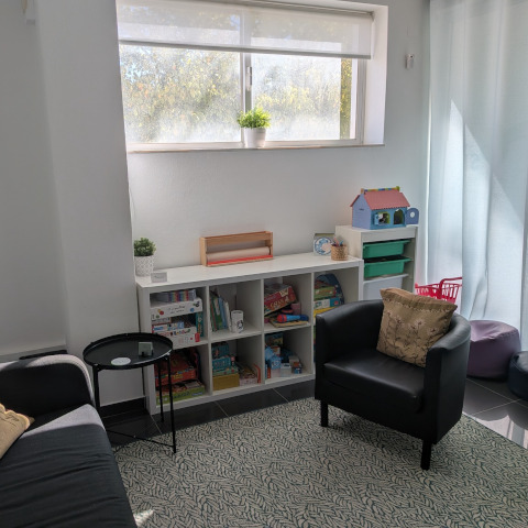 Sala da PsiEquilibra com sofá, cadeira, brinquedos e luz natural